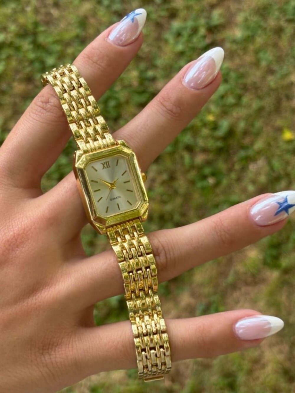 Gold-Tone Rectangle Case Watch with Multi-Link Band and Cream Dial